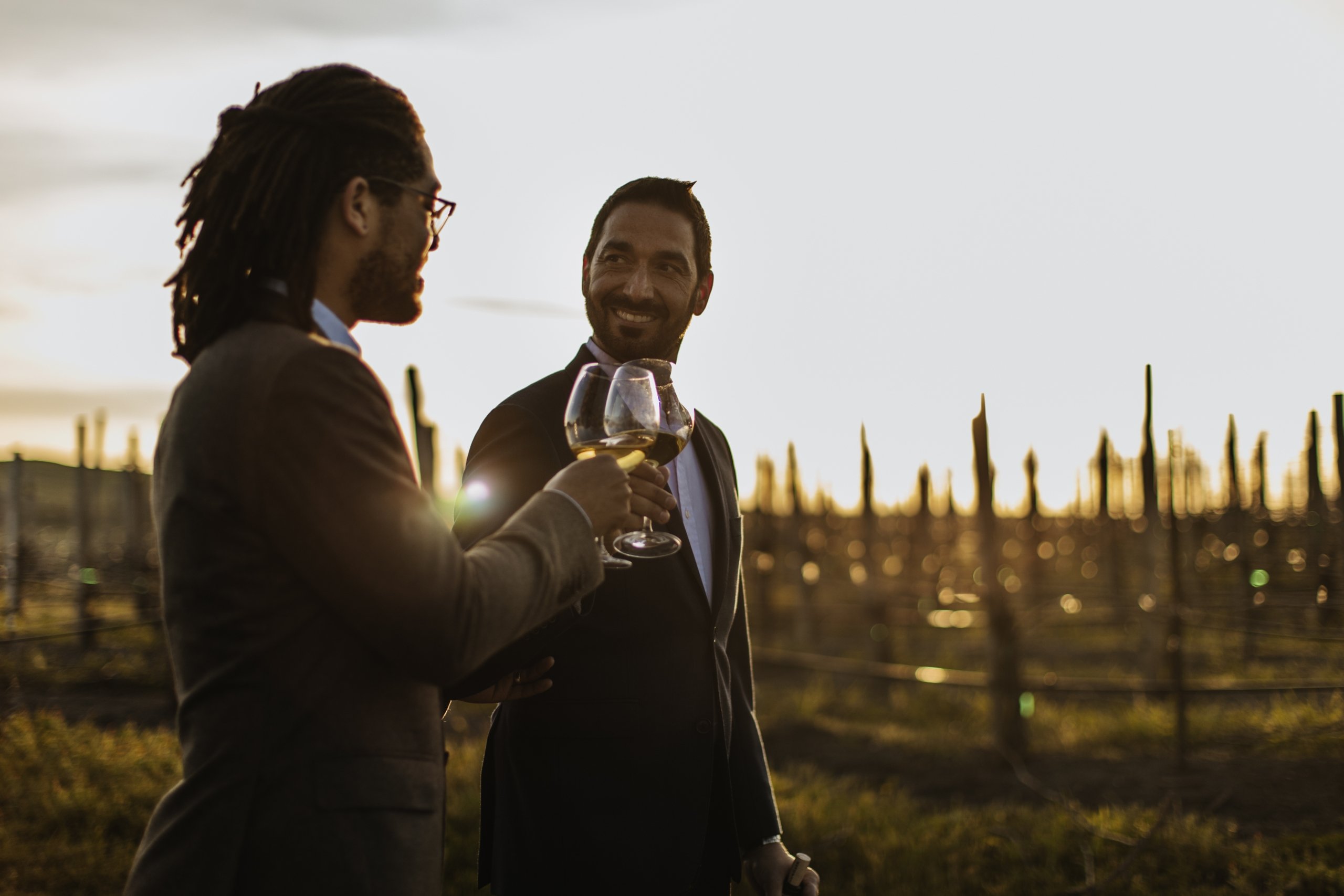 Two men in suits clinking wine glasses at a vineyard at sunset.