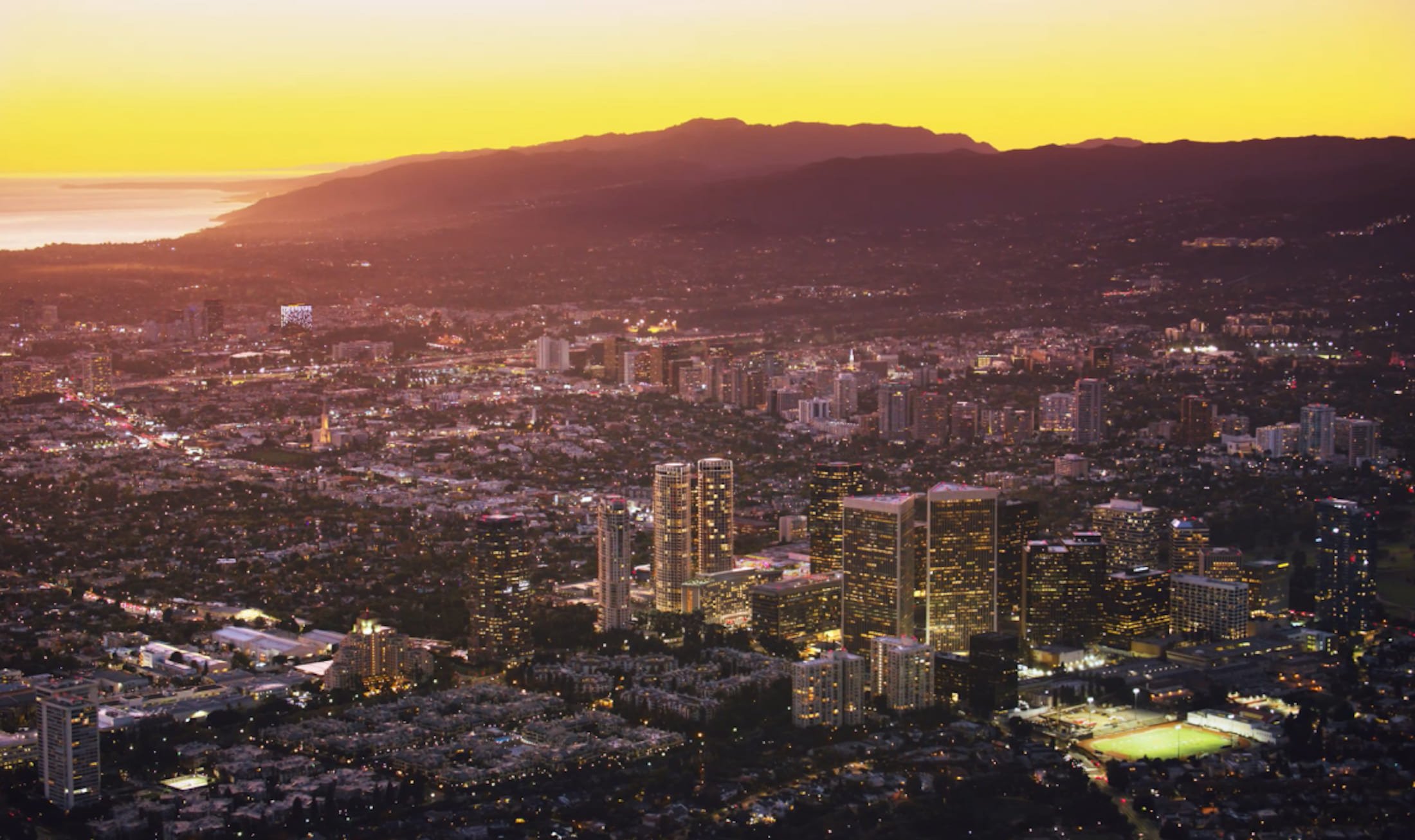 A sunset over the Los Angeles skyline.