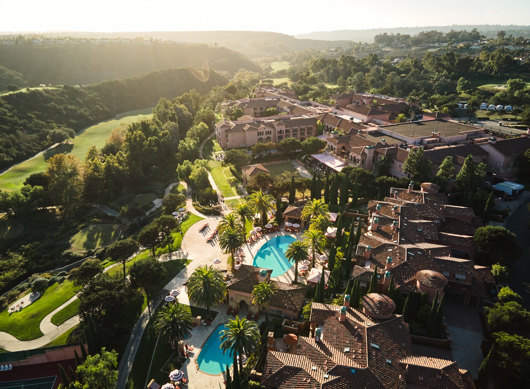 An aerial view of Fairmont Grand del Mar at sunset.