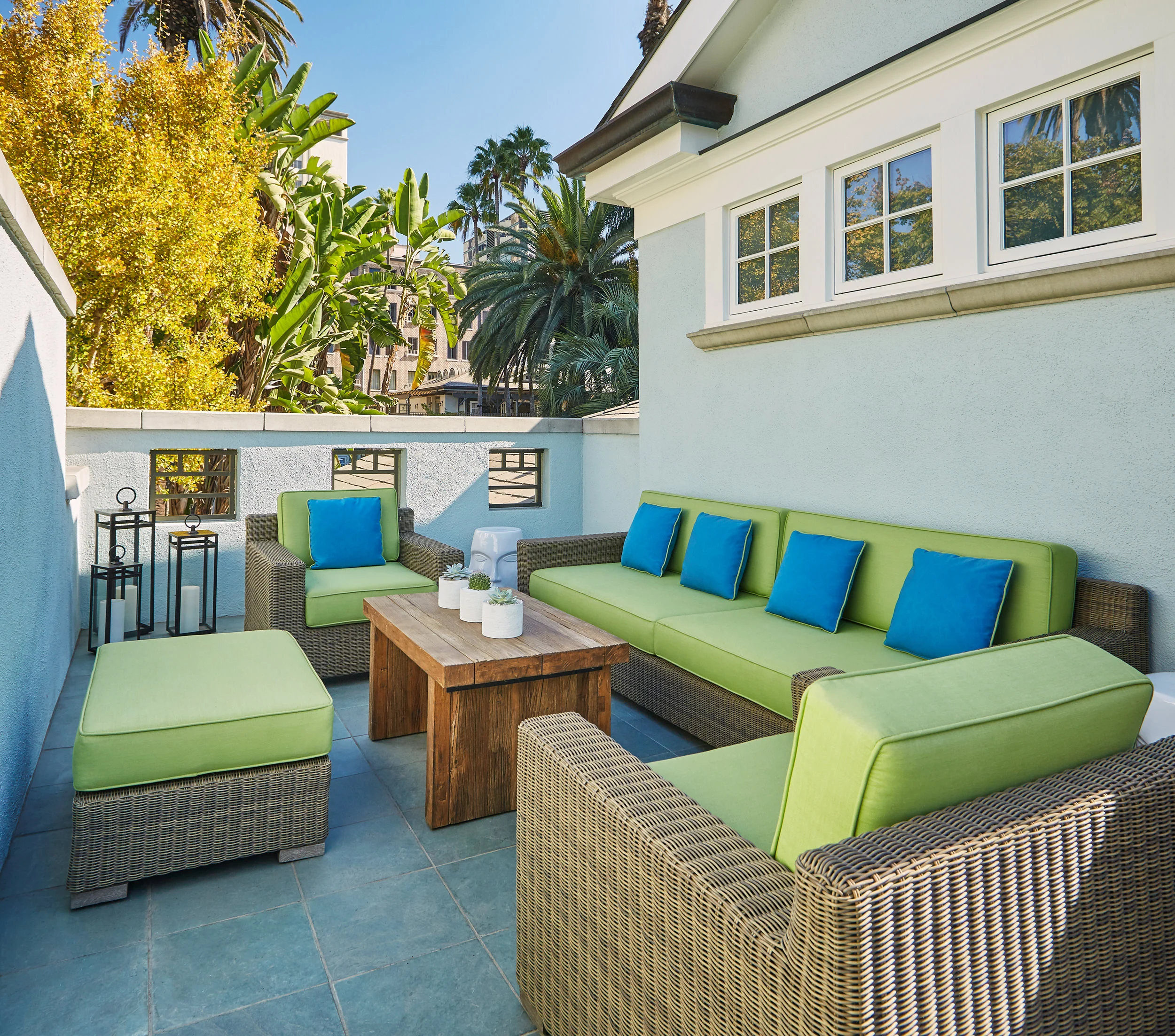 The patio terrace of a Bi-Level Bungalow Suite at Fairmont Miramar.