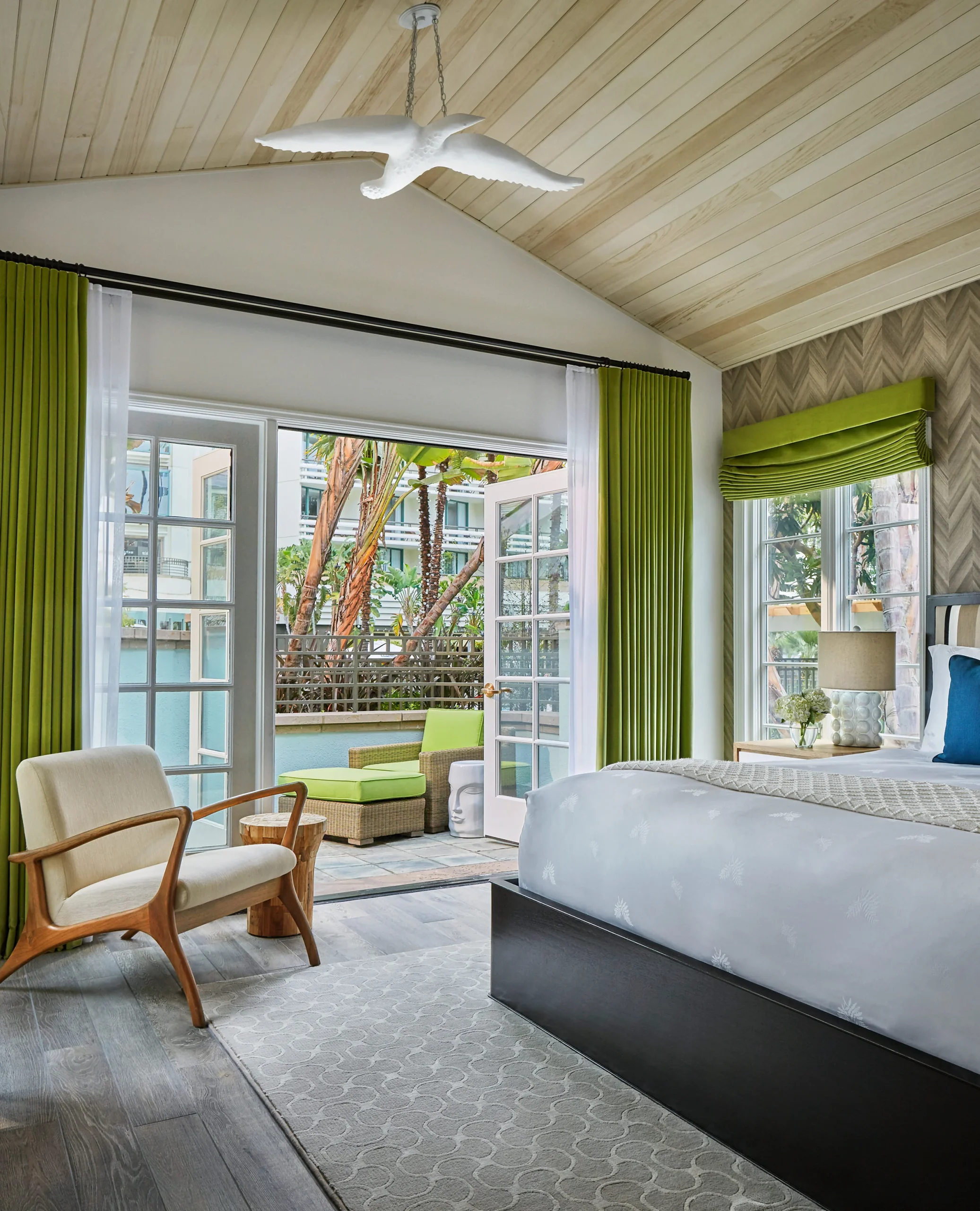 The bedroom area leading to the terrace of the Signature Bungalow at Fairmont Miramar.