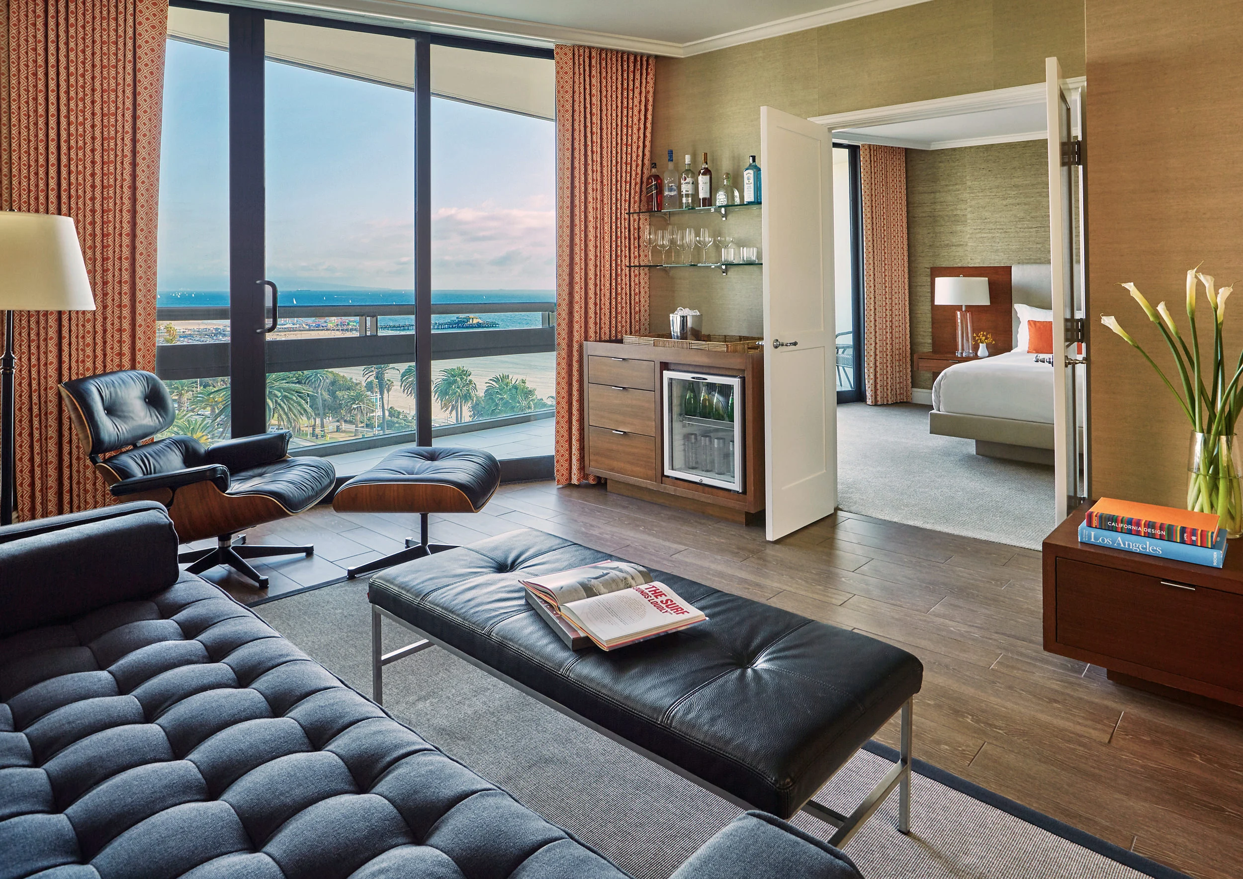 the Tower Suite at Fairmont Miramar with separate living room and bedroom, and beach views.