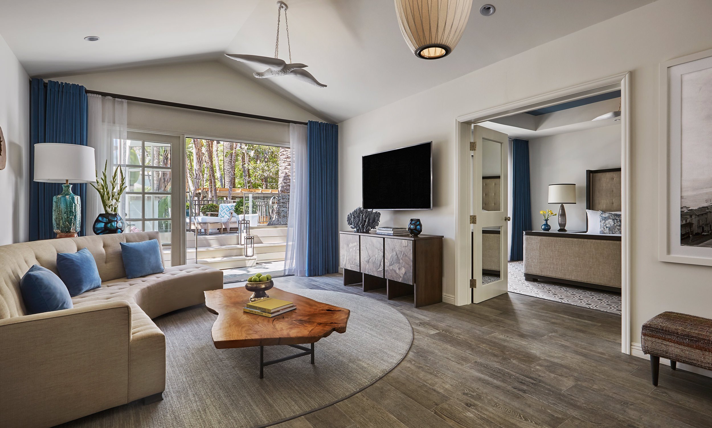 The living area of a bungalow at Fairmont Miramar.