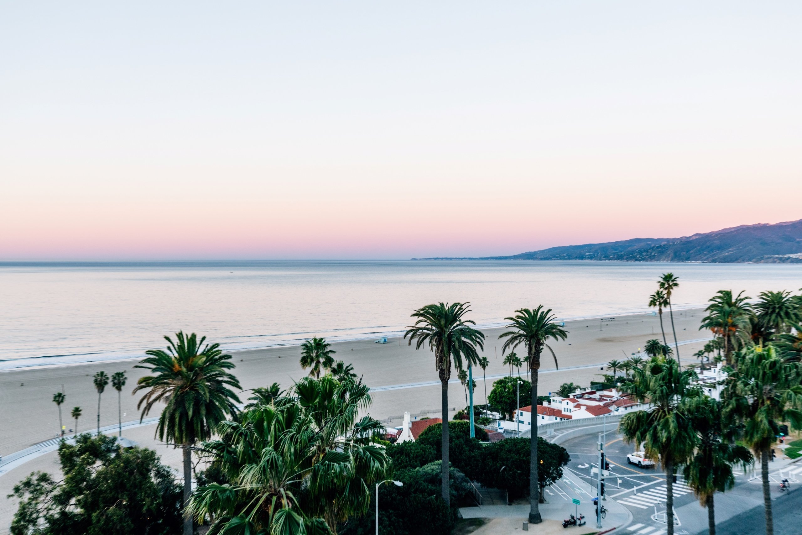 A California sunset overlooking the ocean, palm trees in the foreground.