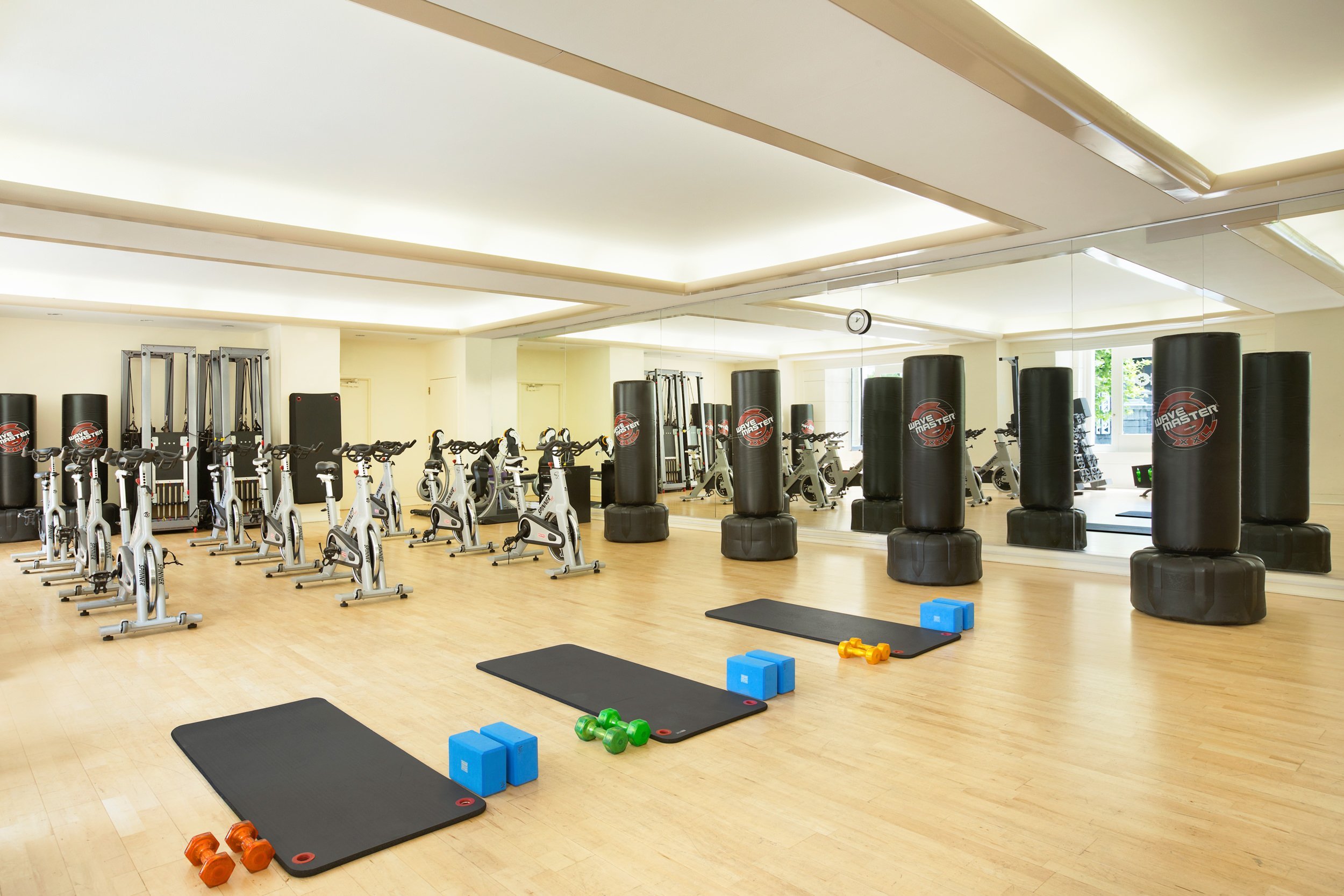 A gym with yoga mats, bikes and punching bags.